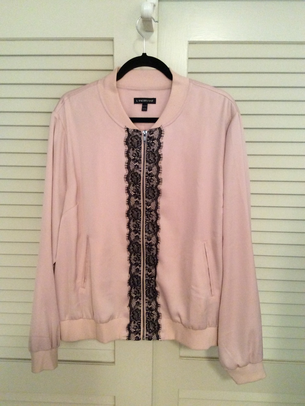 Lane Bryant Light Pink Bomber Jacket with Black Lace Trim